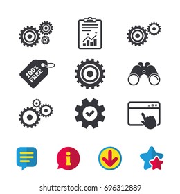 Cogwheel gear icons. Mechanism symbol. Website or App settings sign. Working process performance. Browser window, Report and Service signs. Binoculars, Information and Download icons. Stars and Chat