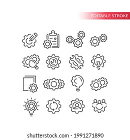 Cogwheel or gear with lightbulb, pencil icon set. Cogs, cogwheels and people, clipboard, settings or process symbol. Line vector, editable stroke.