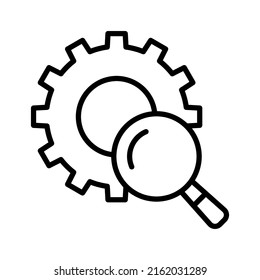 Cogwheel, gear magnifying glass icon. Search optimization. Vector illustration isolated on white background.