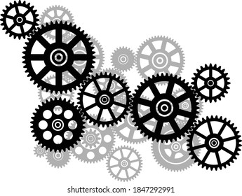 Cogwheel Gear Mechanism.
Black silhouette gears on a white background. Vector illustration.