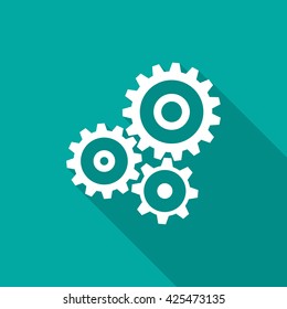 Cogwheel gear mechanism icon with long shadow. Flat design style. Mechanism simple silhouette. Modern, minimalist icon in stylish colors. Web site page and mobile app design vector element.