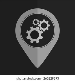 Cogwheel gear mechanism vector icon - map pointer. Flat design