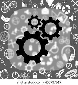 cogwheel gear mechanism vector icon - matte glass button on background consisting of different icons