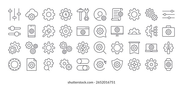 Cogwheel and Gear Outline Simple Linear Image Collection. Editable Stroke. Perfect for Web Sites, Books, Cards, Apps 
