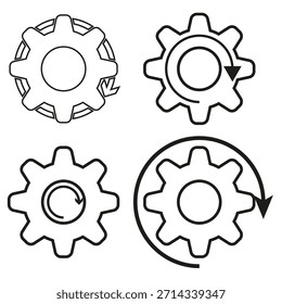 Contornos del engranaje de la rueda dentada. Procesar símbolos de flecha. Elementos de Vector de configuración. Conjunto de iconos de línea delgada. EPS 10.