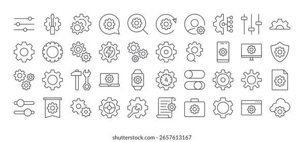 Rueda dentada y paquete de engranajes de iconos delgados. Trazo Editable. Perfecto para Sitios web, libros, tarjetas, App 