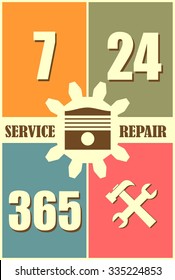 Cogwheel gear with piston and wrench key. Flat icons in rectangles. Repair fix tool icons. 24h 7 day customer support service. Vector image