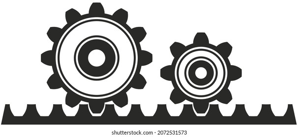 CogWheel con símbolo vectorial de la cremallera del engranaje sobre fondo blanco aislado.
Barra de rack con dos ruedas negras Thoothed en cooperación.