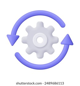 Cogwheel gear with rotation arrow. Setting symbol. Technical support, repair, optimization and workflow concept. 3d vector icon. Cartoon minimal style.