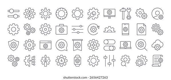 Rueda dentada y engranaje conjunto de iconos delgados. Trazo Editable. Perfecto para Sitios web, libros, tarjetas, App