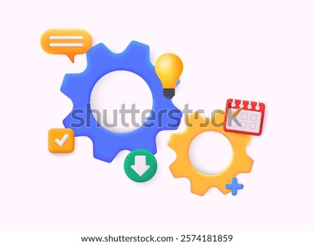 Cogwheel gear, setting symbol. Technical support, repair, optimization and workflow concept. 3D Web Vector Illustrations.