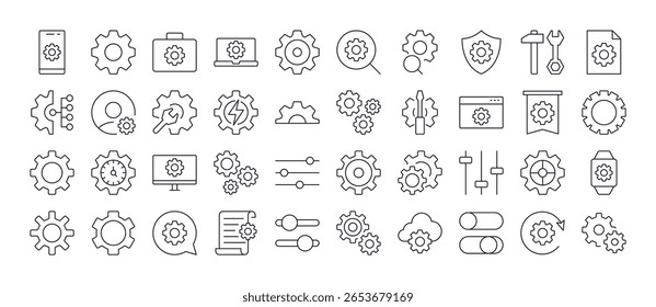 Cogwheel and Gear Thin Icons Collection. Editable Stroke. Perfect for Web Sites, Books, Cards, Apps 