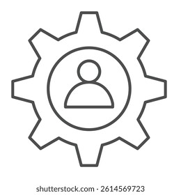 Cogwheel gear with user profile thin line icon, repair service concept. Vector graphics. User custom settings sign on white background, linear style icon for mobile or web design