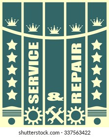 Cogwheel gear ,wrench key, piston on striped brochure page. Flat icons on blue. Vector image relative to service and repair