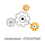 Cogwheel gears in rotation, motion. Cog wheels, engineering mechanism in connection. Industrial mechanical parts, elements. Abstract concept. Flat vector illustration isolated on white background
