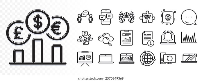 Cogwheel, Globe and Phone survey line icons for web app. Glare of light effect. Message icon. Pack of Quick tips, Justice scales, Web analytics pictogram icons. Vector