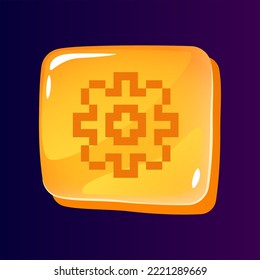 Cogwheel glossy ui button with pixelated icon. Device settings. Editable 8bit graphic element on shiny square shape. Isolated vector user interface image for web, mobile. Retro style game design