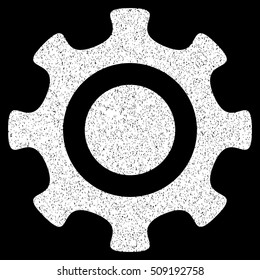 Cogwheel grainy textured icon for overlay watermark stamps. Flat symbol with unclean texture. Dotted vector white ink rubber seal stamp with grunge design on a black background.