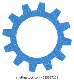 Cogwheel grainy textured icon for overlay watermark stamps. Flat symbol with dirty texture. Dotted vector cobalt ink rubber seal stamp with grunge design on a white background.