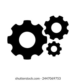 Cogwheel group filled black icon. Three cogs mechanism factory vector illustration. Industrial machine and engine sign. Clockwork technology symbol. Settings or teamwork web pictogram isolated.