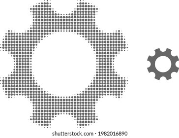 Cogwheel halftone dotted icon illustration. Halftone array contains round points. Vector illustration of cogwheel icon on a white background. Flat abstraction for cogwheel symbol.