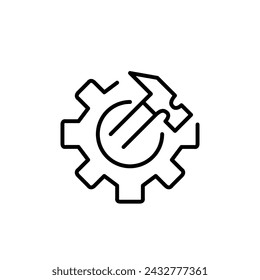 Icono de herramientas de rueda dentada y martillo. Enfoque práctico para proyectos de mantenimiento y bricolaje. Interfaces de aplicaciones. Icono de píxel perfecto