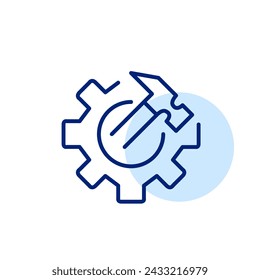 Icono de herramientas de rueda dentada y martillo. Enfoque práctico para proyectos de mantenimiento y bricolaje. Interfaces de aplicaciones. Pixel vector perfecto