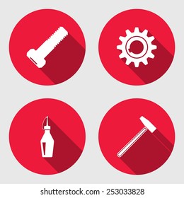 Cogwheel, hammer, wrench key icon, bolt nut. Repair fix tool symbol. Round red circle flat icon with long shadow. Vector