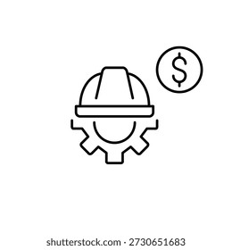Rueda dentada, casco y dólar. Pago del sistema, coste de las reparaciones. Configuraciones Actualizar. Icono de Vector de trazo perfecto y editable