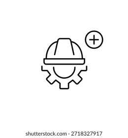 Rueda dentada, casco y más. Configuración de add, habilitación de características, Actualizar del sistema. Icono de Vector de trazo perfecto y editable