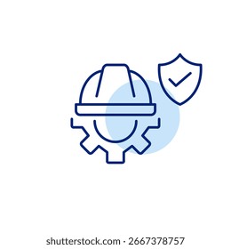 Roda dentada, chapéu duro, escudo e marca de seleção. Configurações do sistema verificadas, configuração confiável, operações seguras, instalação aprovada. Pixel perfeito, ícone de vetor de traçado editável