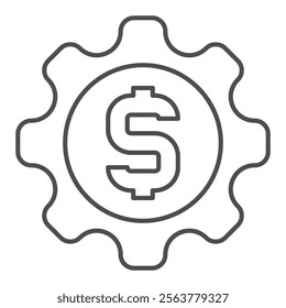 Cogwheel with huge dollar letter thin line icon, financial advice concept. Vector graphics. Gear main source, making money sign on white background, outline style icon for mobile or web design