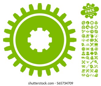 Cogwheel icon with bonus configuration pictograph collection. Vector illustration style is flat iconic eco green symbols on white background.