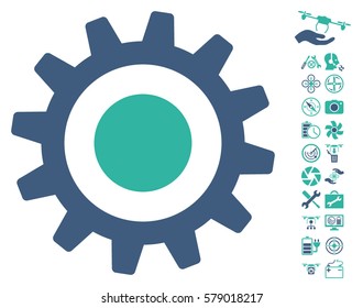 Cogwheel icon with bonus drone tools icon set. Vector illustration style is flat iconic cobalt and cyan symbols on white background.