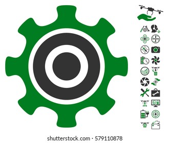Cogwheel icon with bonus flying drone tools clip art. Vector illustration style is flat iconic green and gray symbols on white background.