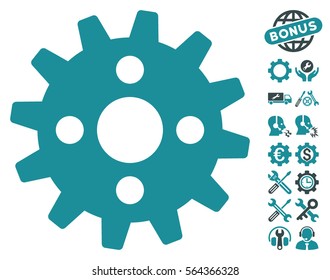 Cogwheel icon with bonus options pictures. Vector illustration style is flat iconic soft blue symbols on white background.