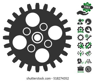 Cogwheel icon with bonus options icon set. Vector illustration style is flat iconic green and gray symbols on white background.