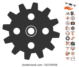 Cogwheel icon with bonus quad copter service clip art. Vector illustration style is flat iconic symbols on white background.
