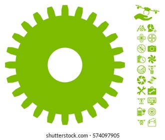 Cogwheel icon with bonus quadrocopter tools design elements. Vector illustration style is flat iconic symbols on white background.