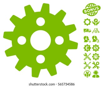 Cogwheel icon with bonus service pictures. Vector illustration style is flat iconic eco green symbols on white background.