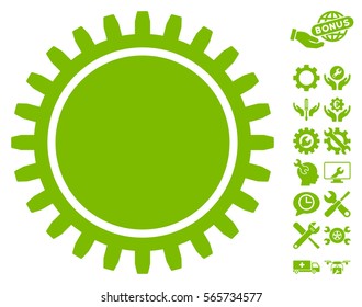 Cogwheel icon with bonus settings icon set. Vector illustration style is flat iconic eco green symbols on white background.