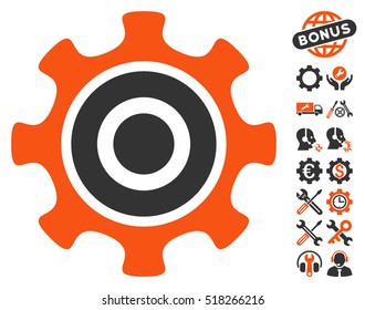 Cogwheel icon with bonus setup tools pictures. Vector illustration style is flat iconic orange and gray symbols on white background.