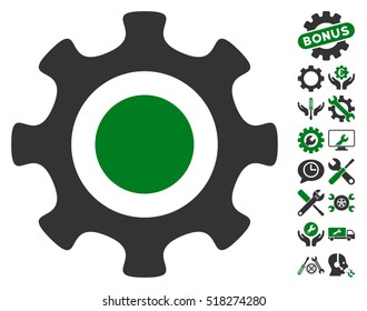 Cogwheel icon with bonus setup tools pictograph collection. Vector illustration style is flat iconic green and gray symbols on white background.