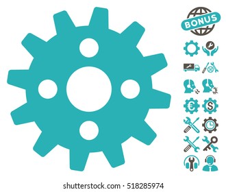 Cogwheel icon with bonus setup tools pictograph collection. Vector illustration style is flat iconic grey and cyan symbols on white background.