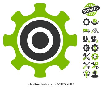 Cogwheel icon with bonus setup tools graphic icons. Vector illustration style is flat iconic eco green and gray symbols on white background.