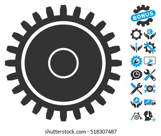 Cogwheel icon with bonus setup tools pictures. Vector illustration style is flat iconic blue and gray symbols on white background.