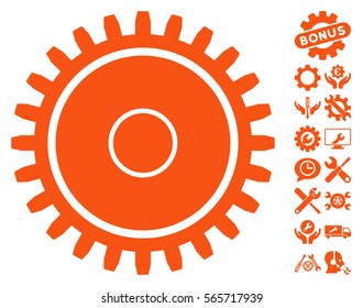 Cogwheel icon with bonus setup tools icon set. Vector illustration style is flat iconic orange symbols on white background.