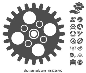 Cogwheel icon with bonus setup tools images. Vector illustration style is flat iconic gray symbols on white background.