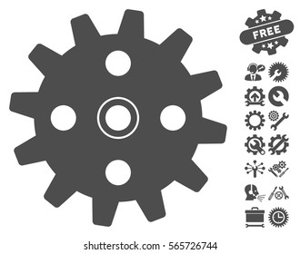Cogwheel icon with bonus setup tools images. Vector illustration style is flat iconic gray symbols on white background.