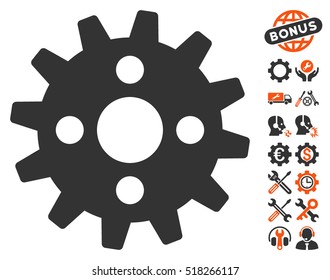 Cogwheel icon with bonus tools graphic icons. Vector illustration style is flat iconic orange and gray symbols on white background.